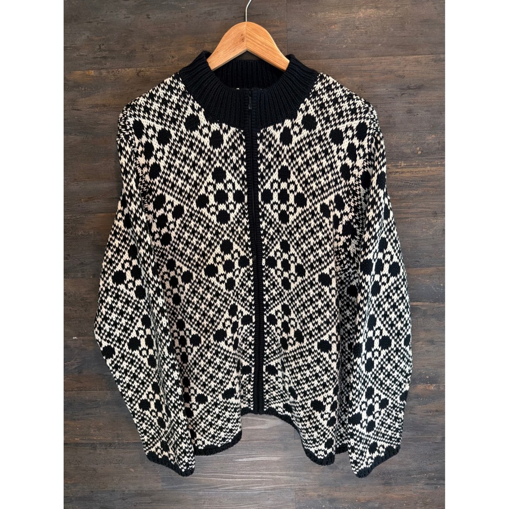 Talbots Woman 2X Cardigan Sweater Black White Geometric Cotton Full Zip Mock Nk